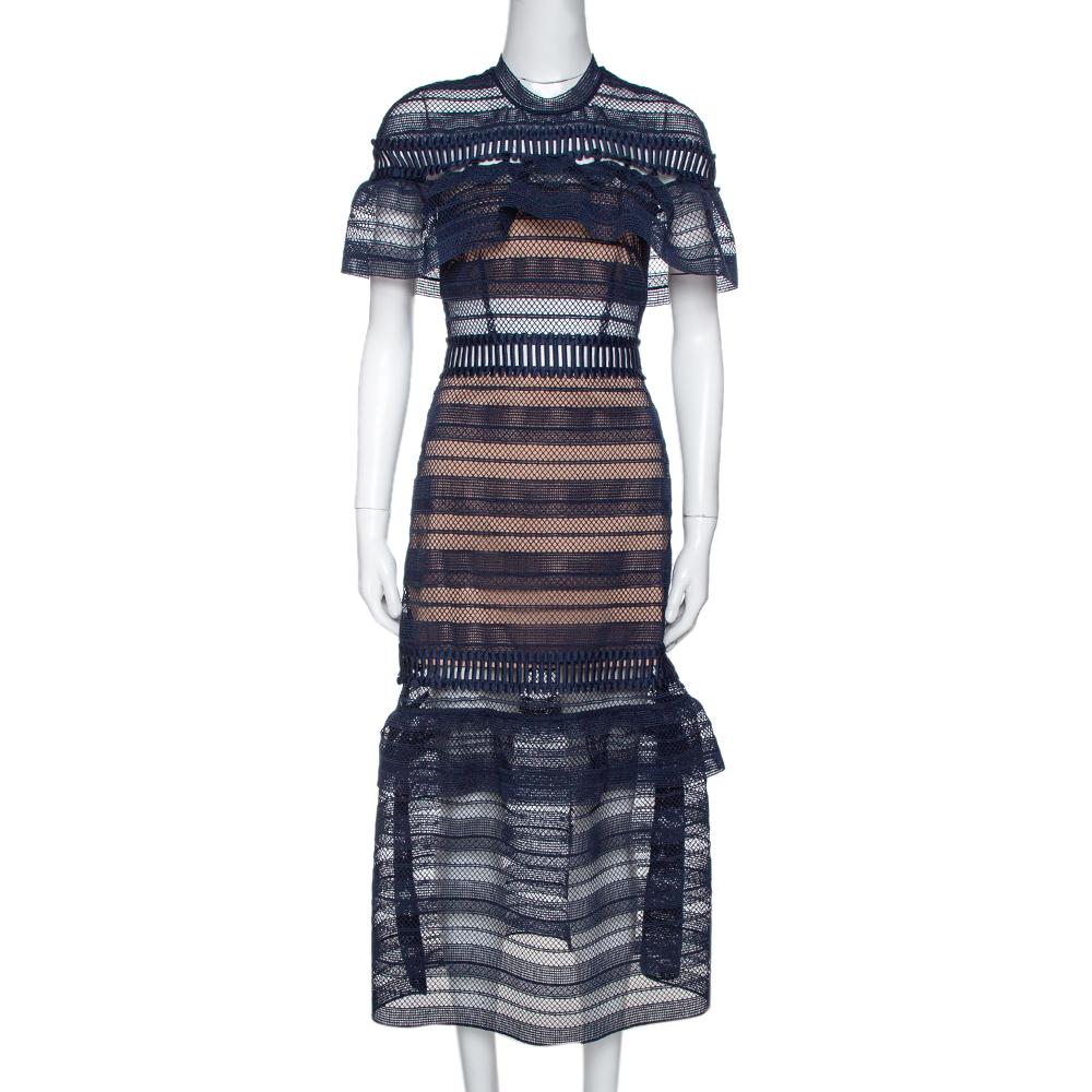 Image of Self-Portrait Navy Blue Guipure Lace Detachable Yoke Midi Dress S