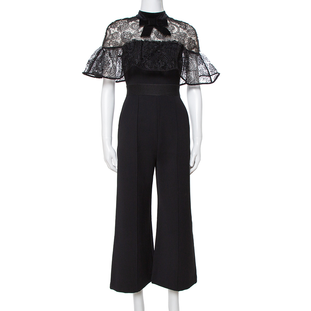 Image of Self-Portrait Black Crepe Ruffled Lace Panel Wide Leg Jumpsuit S