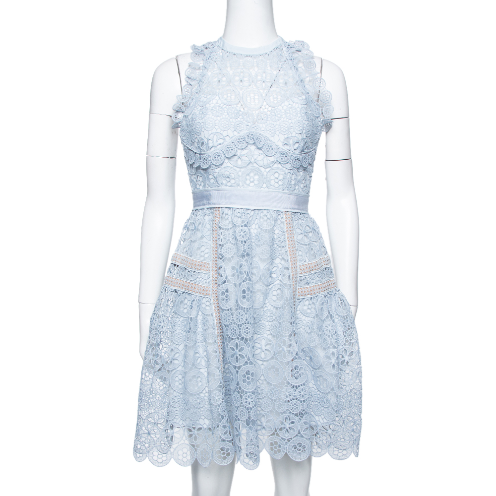Image of Self-Portrait Powder Blue Lace Halter Mini Dress S