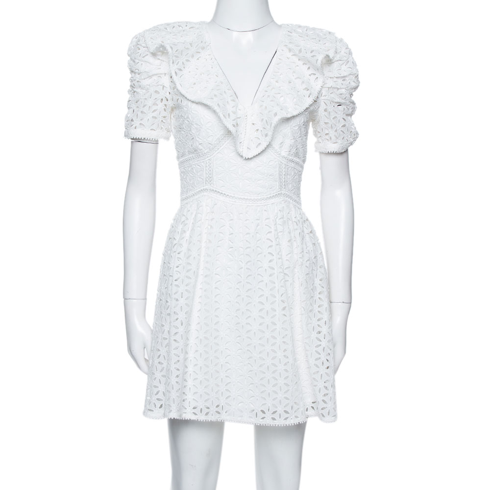 Image of Self-Portrait White Cotton Broderie Anglaise Mini Dress S