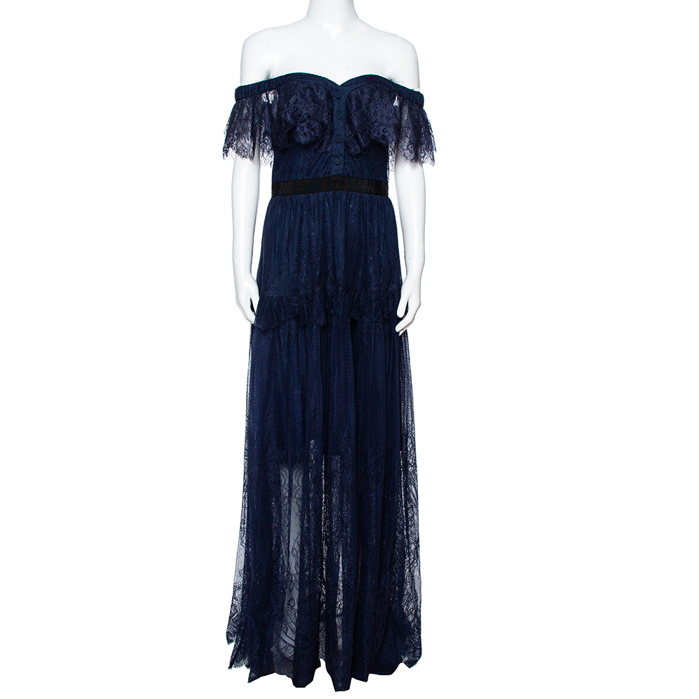 Image of Self Portrait Navy Blue Lace Ruffled Maxi Dress M