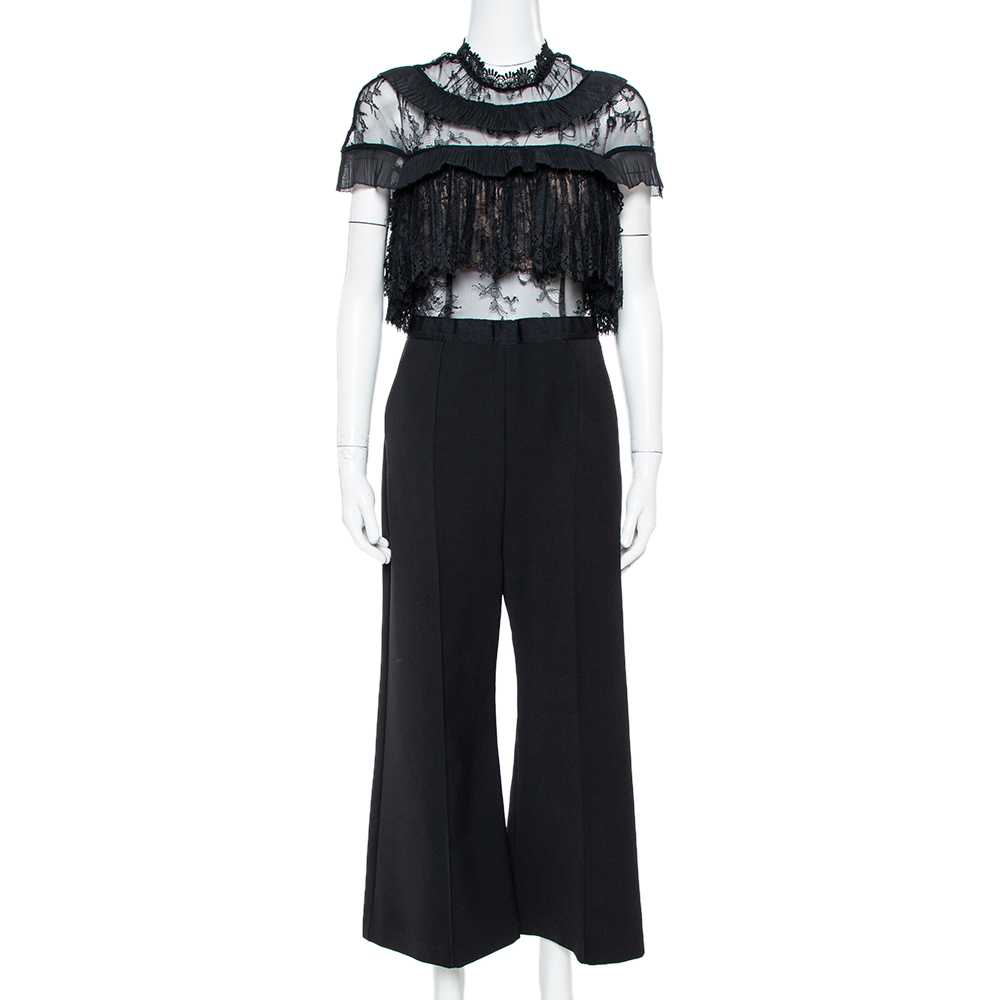 Image of Self Portrait Black Cady & Lace Ruffled Cropped Jumpsuit M