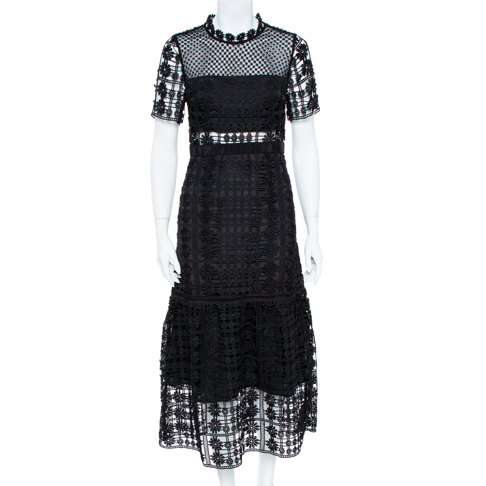 Image of Self-Portrait Black Floral Lattice Lace Midi Dress M