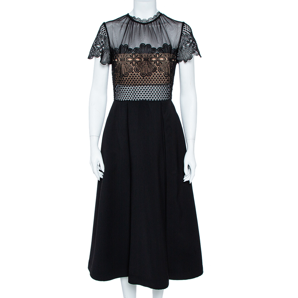 Image of Self-Portrait Black Cotton Embroidered Felicia Midi Dress M