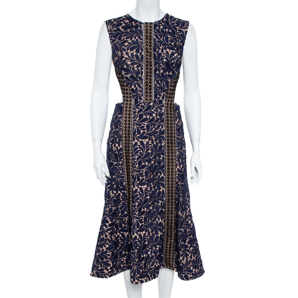 Image of Self Portrait Navy Blue Lace Cut-Out Detail Midi Dress M