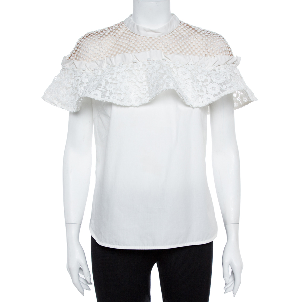 Image of Self Portrait White Cotton Lace Panel Ruffled Hudson Top M