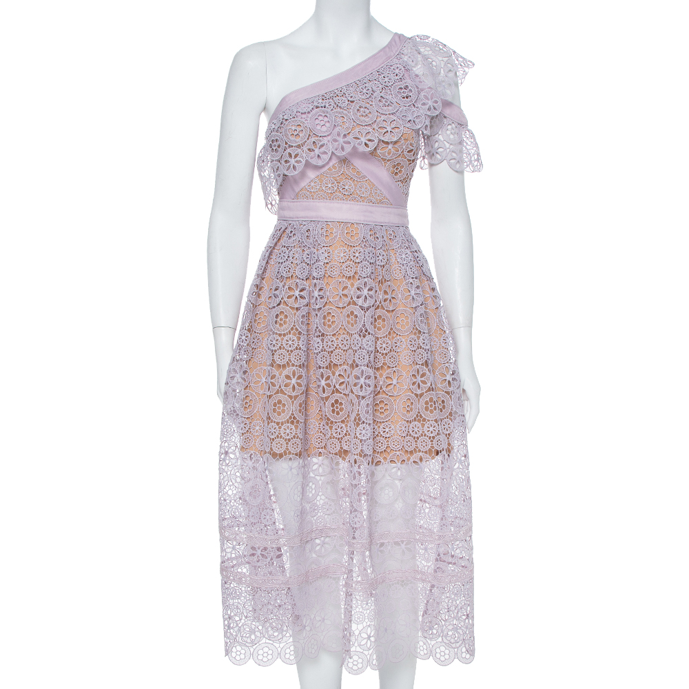 Image of Self Portrait Lavender Guipure Lace One Shoulder Midi Dress S