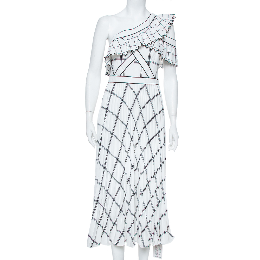 Image of Self Portrait Monochrome Check Crepe Frill Detail One Shoulder Midi Dress S