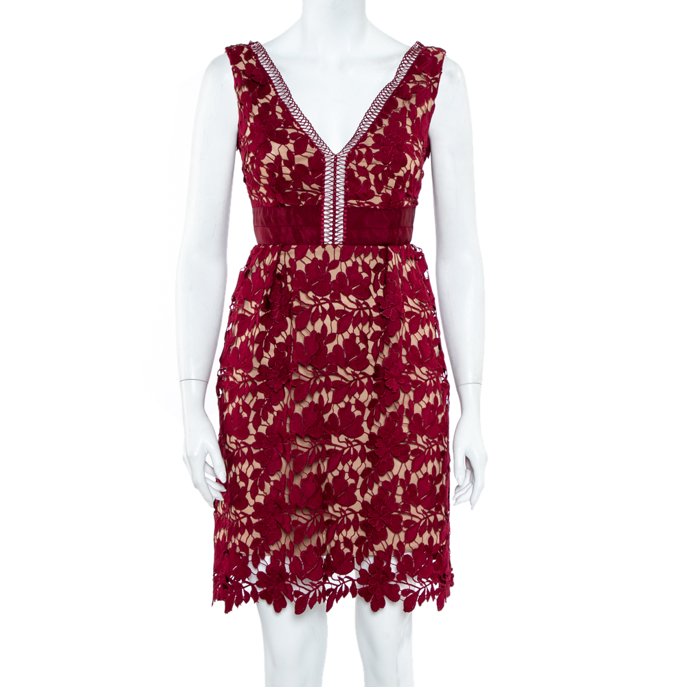 Self-portrait burgundy guipure lace plunge neck detail short dress s