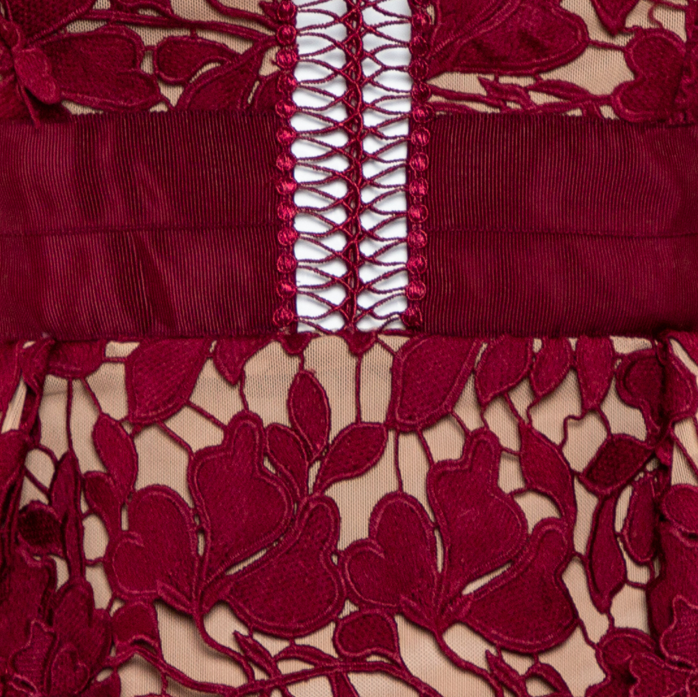 Self-Portrait Burgundy Guipure Lace Plunge Neck Detail Short Dress S