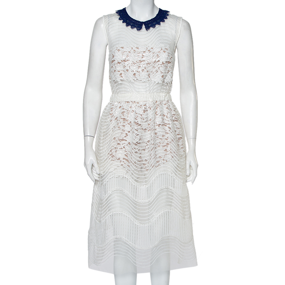 Self-Portrait White Sequined Lace Romper Detail Sleeveless Midi Dress M