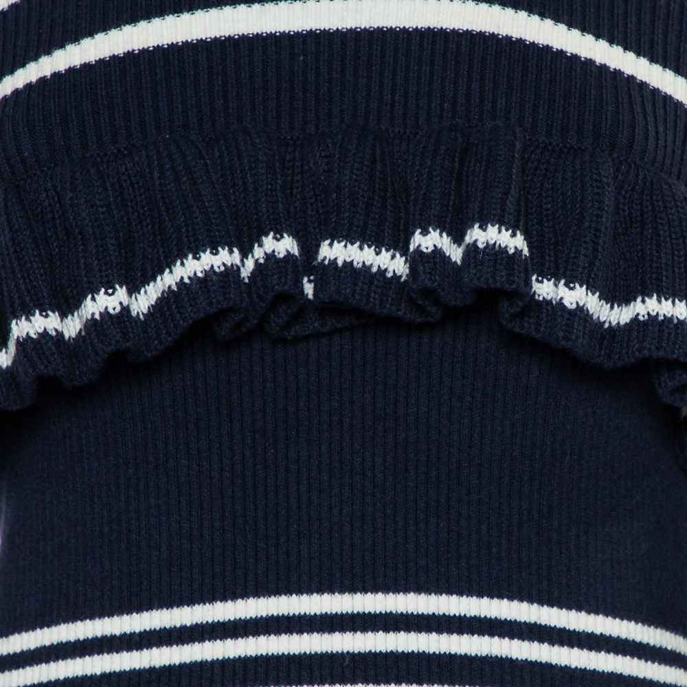 Self-Portrait Navy Blue Rib Knit Ruffled Cold Shoulder Dress M