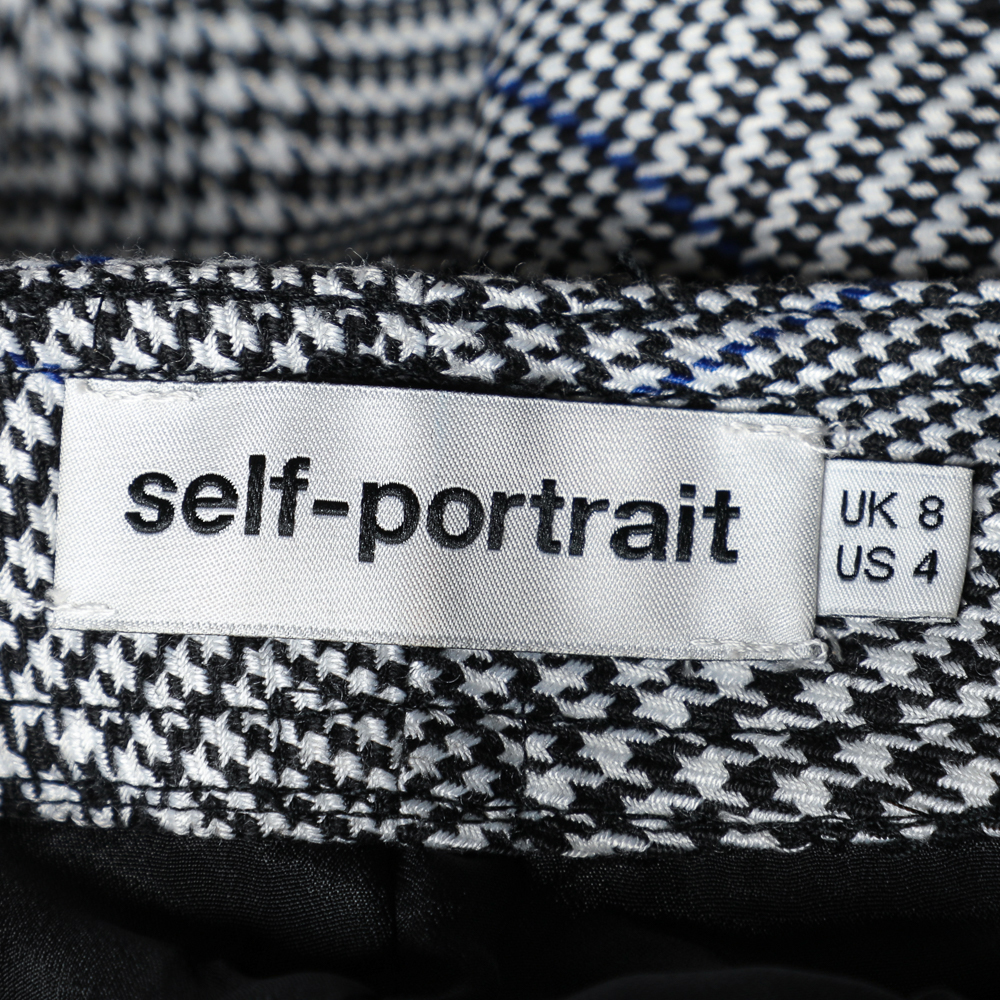 Self Portrait Monochrome Checkered Twill Ruffled Hem Belted Cropped Pants S