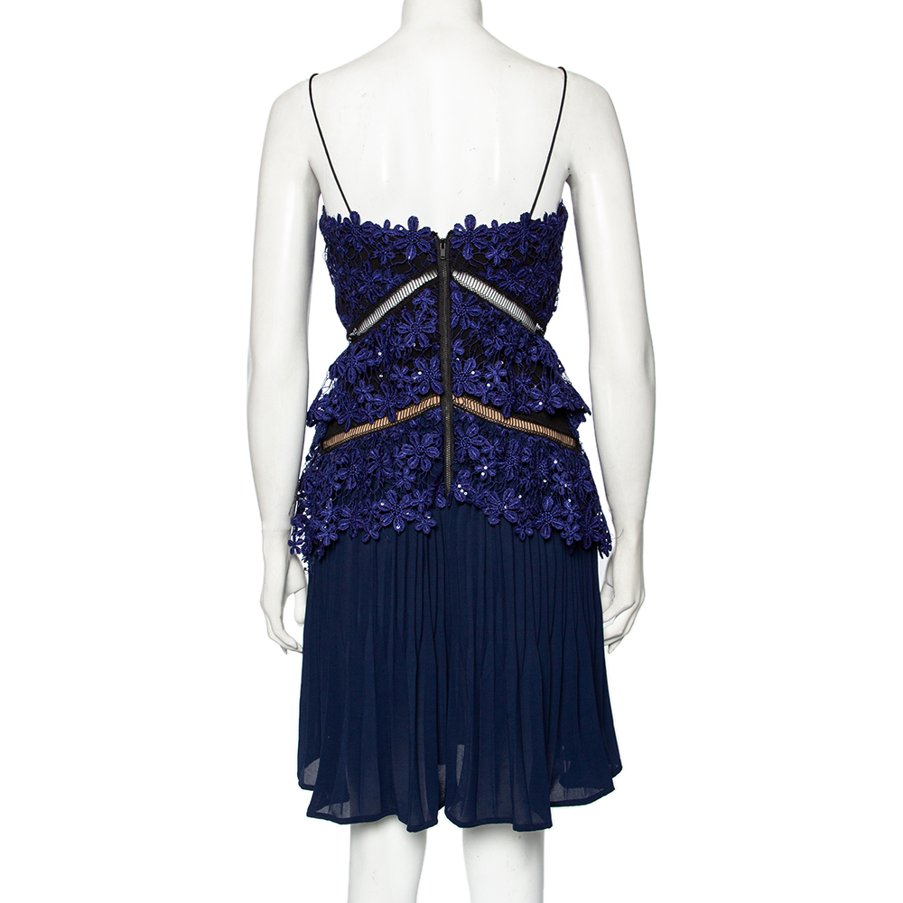 Self-Portrait Blue Chiffon And Embellished Guipure Lace Overlay Short Pleated Dress S