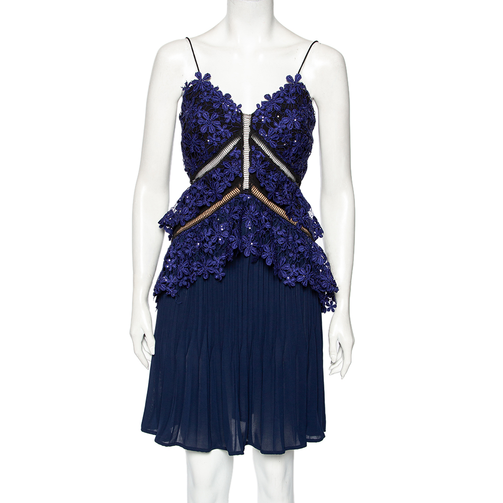 Self-Portrait Blue Chiffon And Embellished Guipure Lace Overlay Short Pleated Dress S