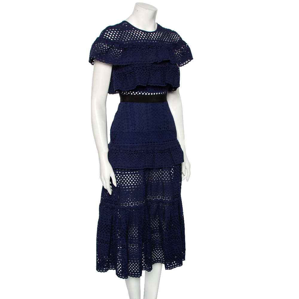 

Self-Portrait Navy Blue Cotton Tiered Floral Broderie Anglaise Midi Dress