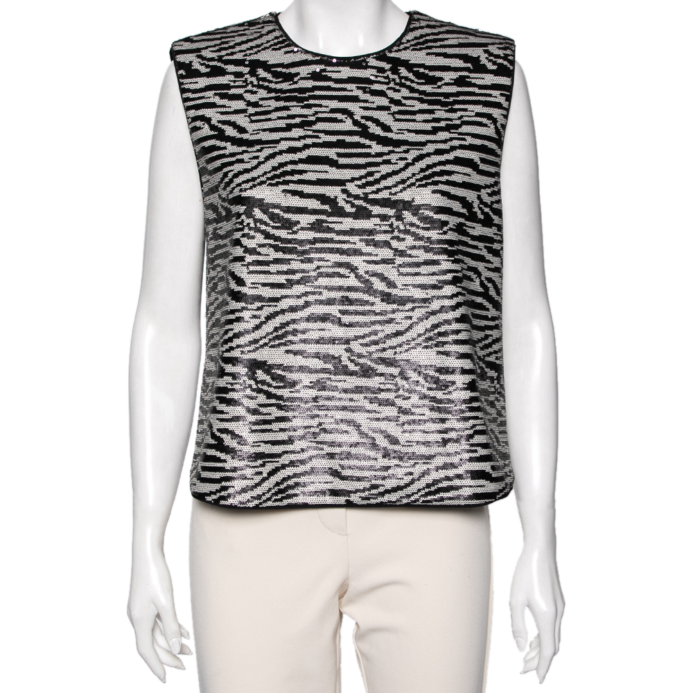 Self Portrait Monochrome Zebra Pattern Sequin Embellished Sleeveless Top M