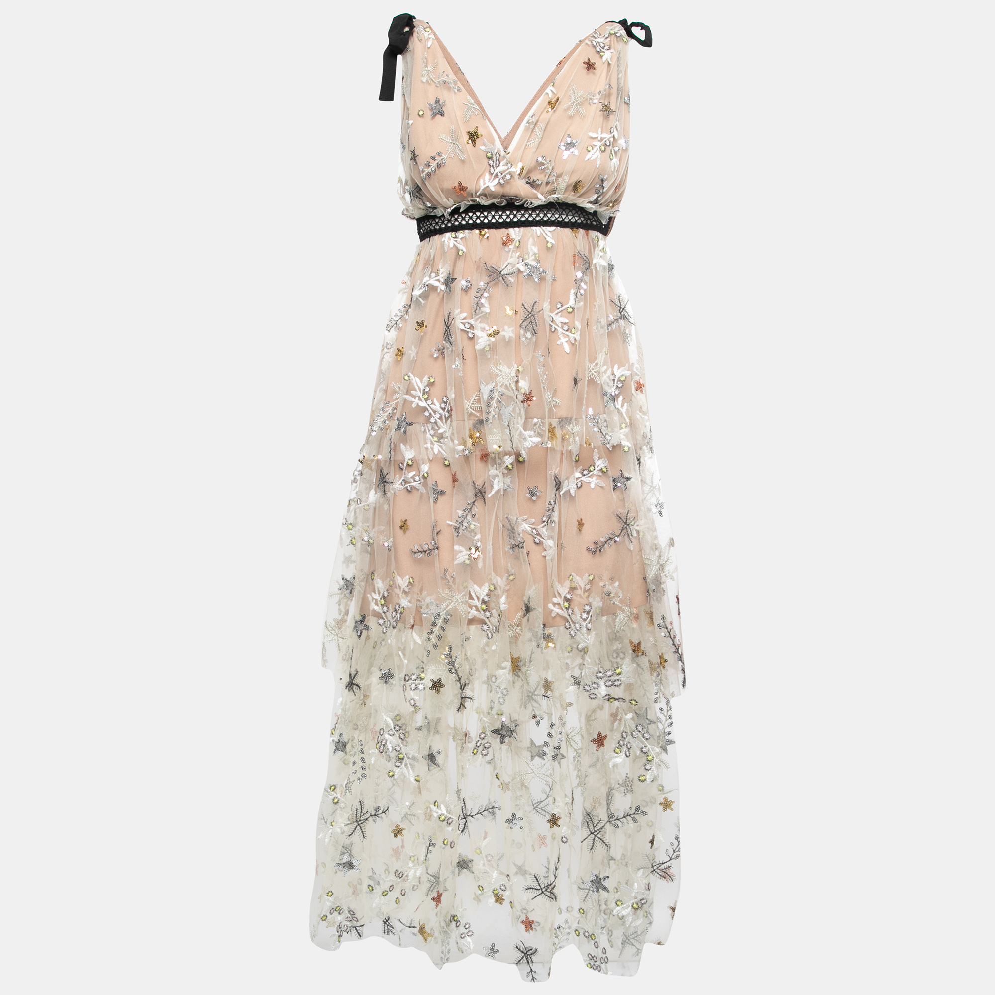 Self-Portrait Beige Sequin Embroidered Tulle Tiered Midi Dress S