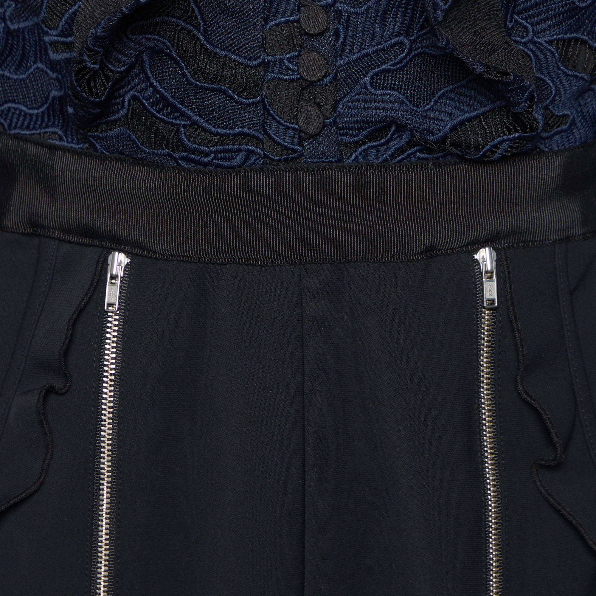 Self-Portrait Navy Blue Guipure Lace & Black Crepe Cold Shoulder Jumpsuit M