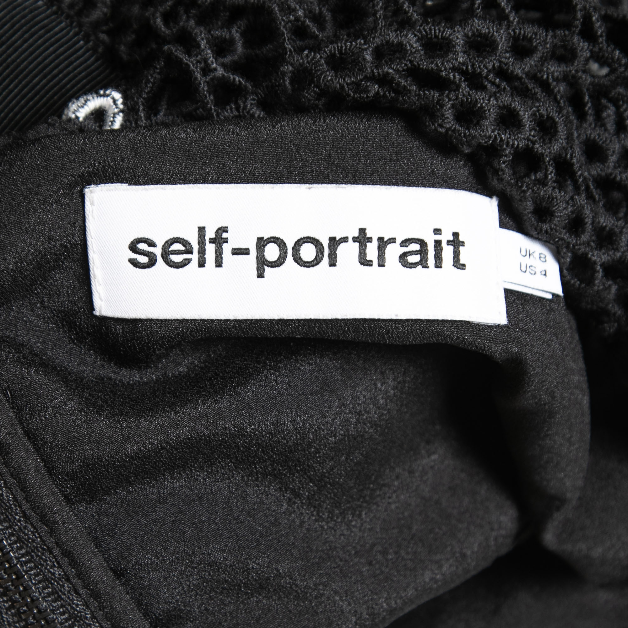 Self-Portrait Black Crochet Overlay Short Sleeve Mini Dress S
