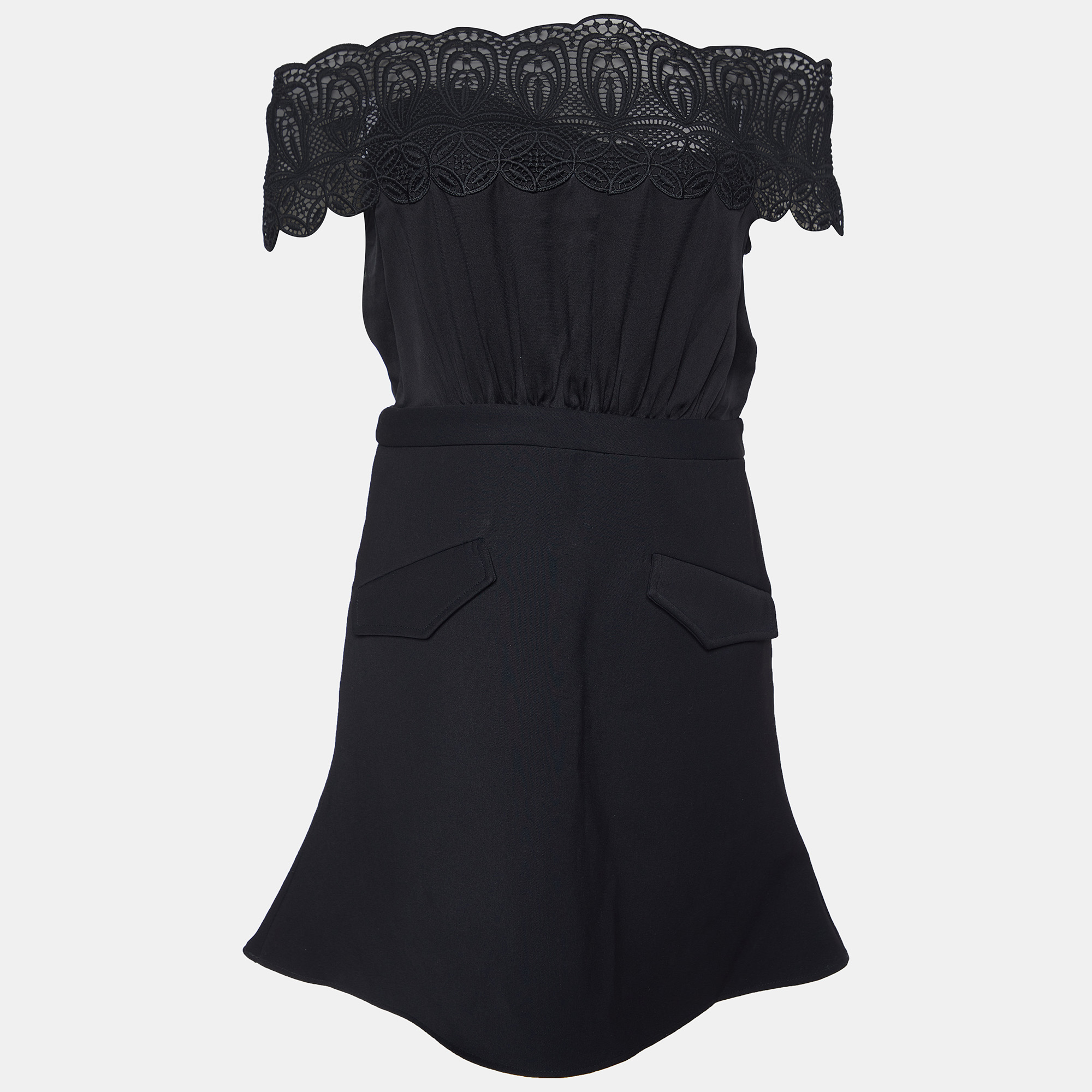 Self-Portrait Black Crepe & Lace Off Shoulder Mini Dress M