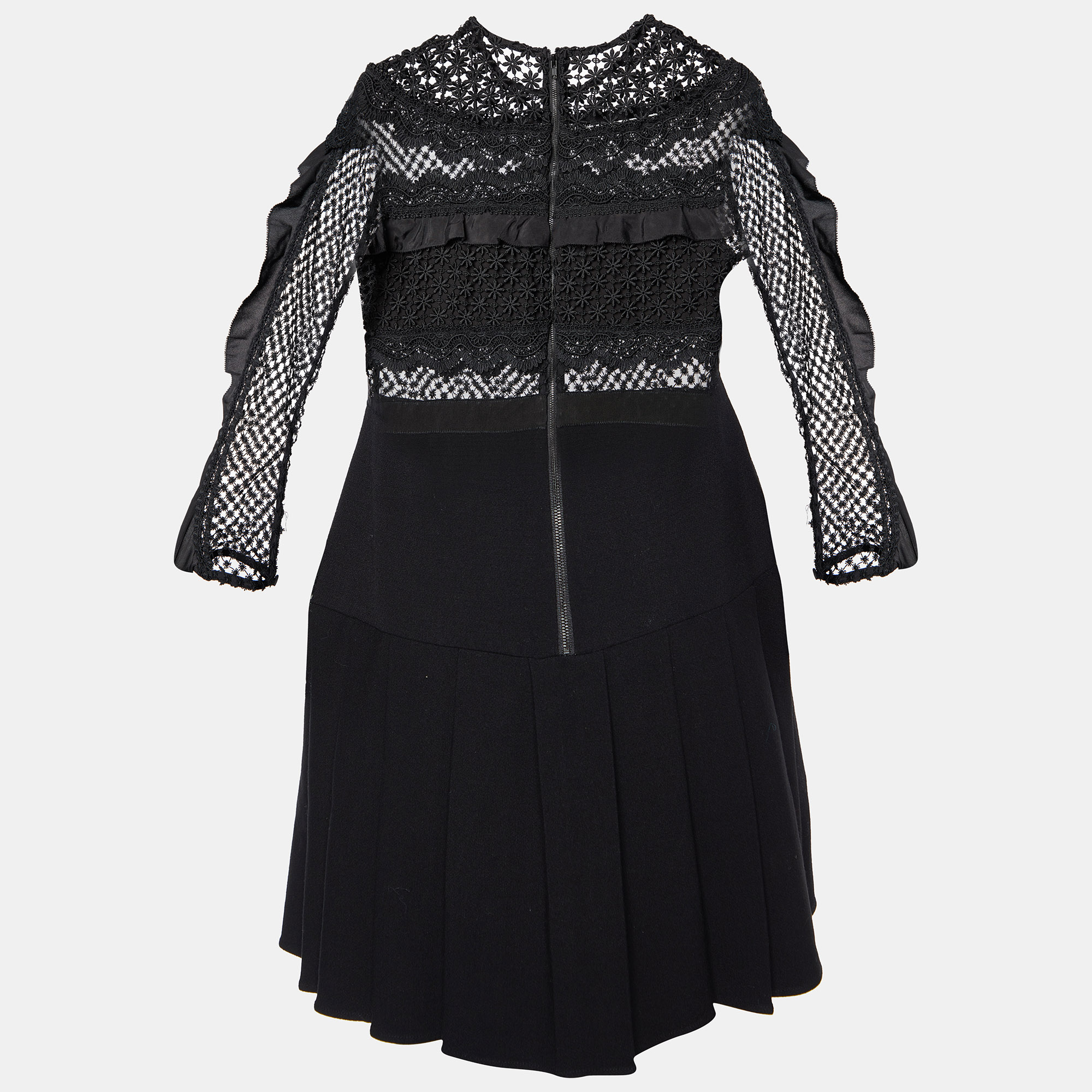 Self-Portrait Black Lace & Crepe Long Sleeve Mini Dress M