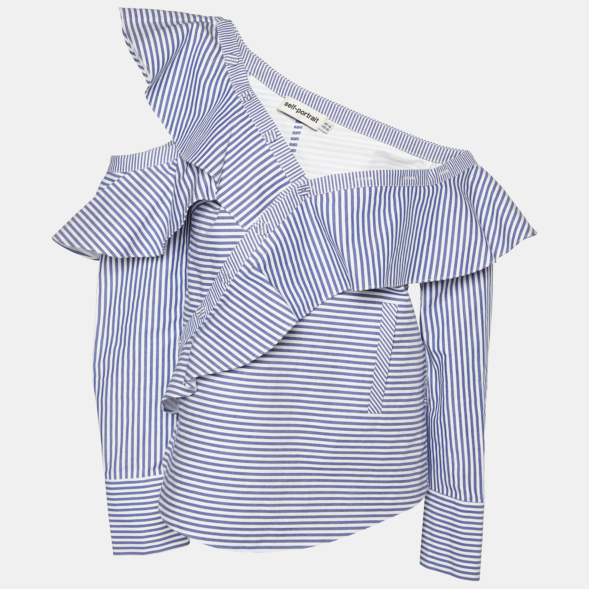 Self Portrait Blue And White Striped Ruffle Detail Off Shoulder Asymmetric Shirt L