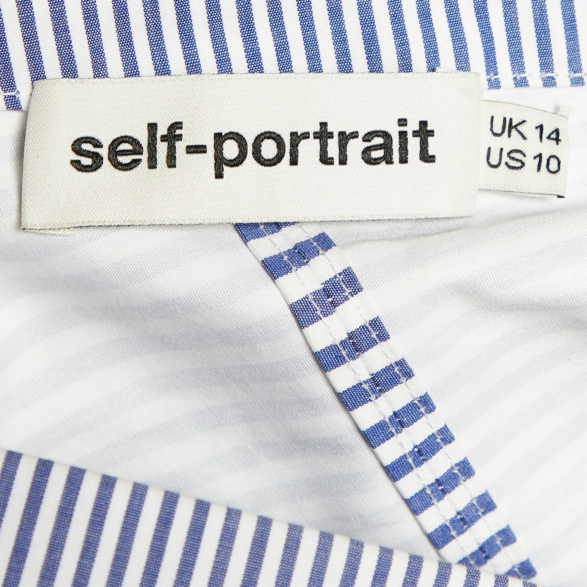 Self Portrait Blue And White Striped Ruffle Detail Off Shoulder Asymmetric Shirt L