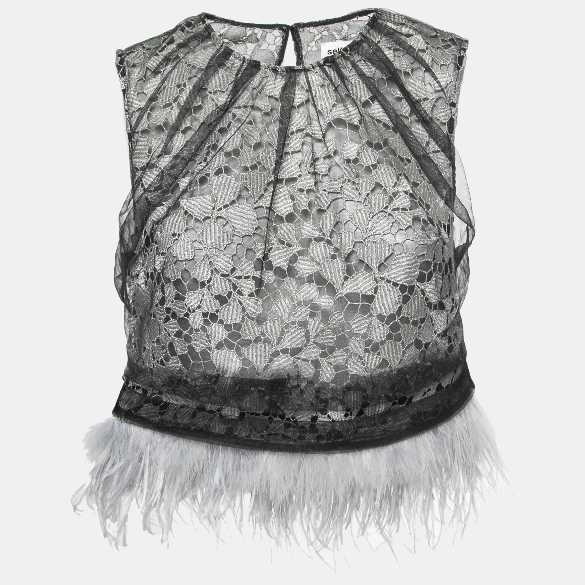 Self-Portrait Black Lace Tulle Overlay Feather Trim Top S