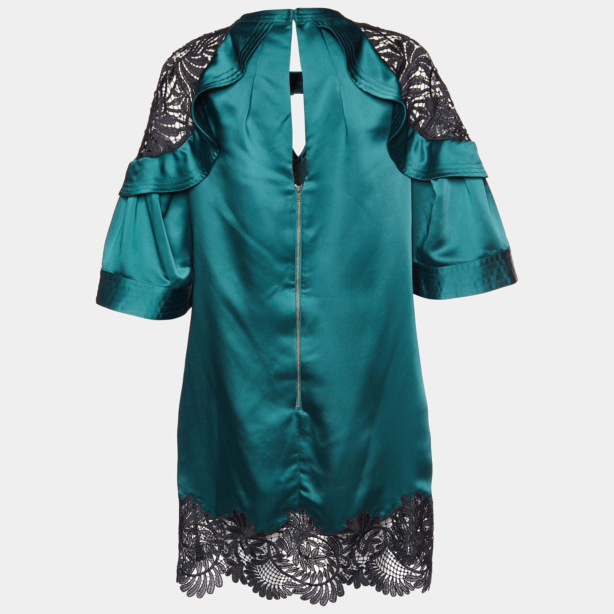 Self-Portrait Dark Green Satin & Lace Shift Dress M