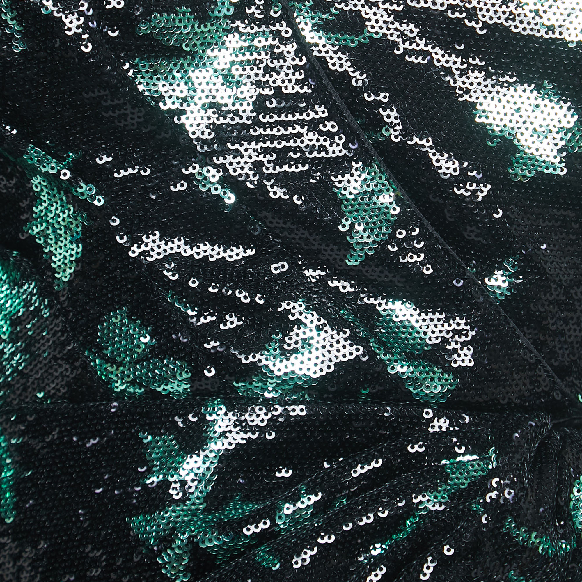 Self-Portrait Black/Green Leaf Sequined Nylon Tie Detail Long Sleeve Blouse S
