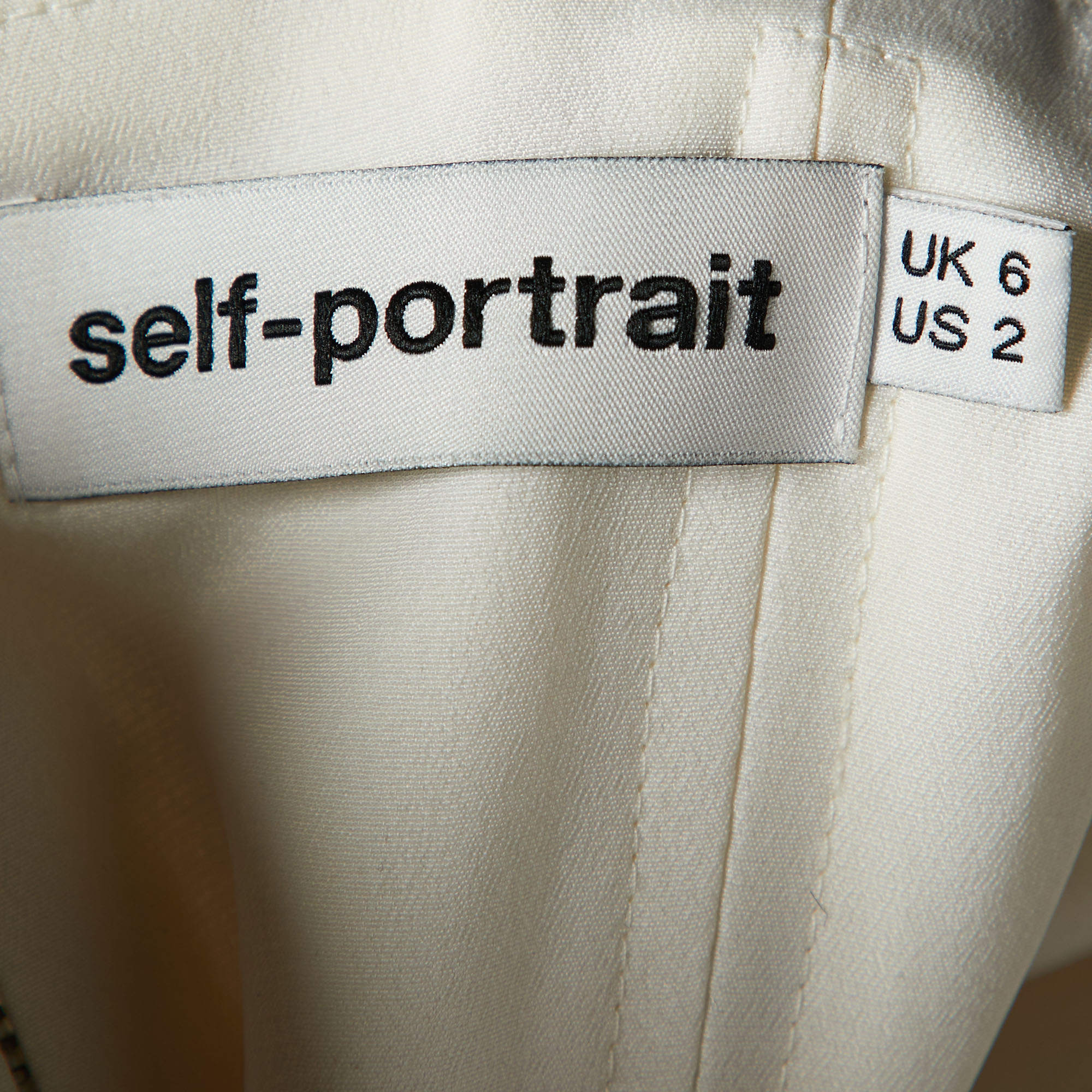 Self-Portrait White Polka Dot Printed Satin Draped Off Shoulder Top S