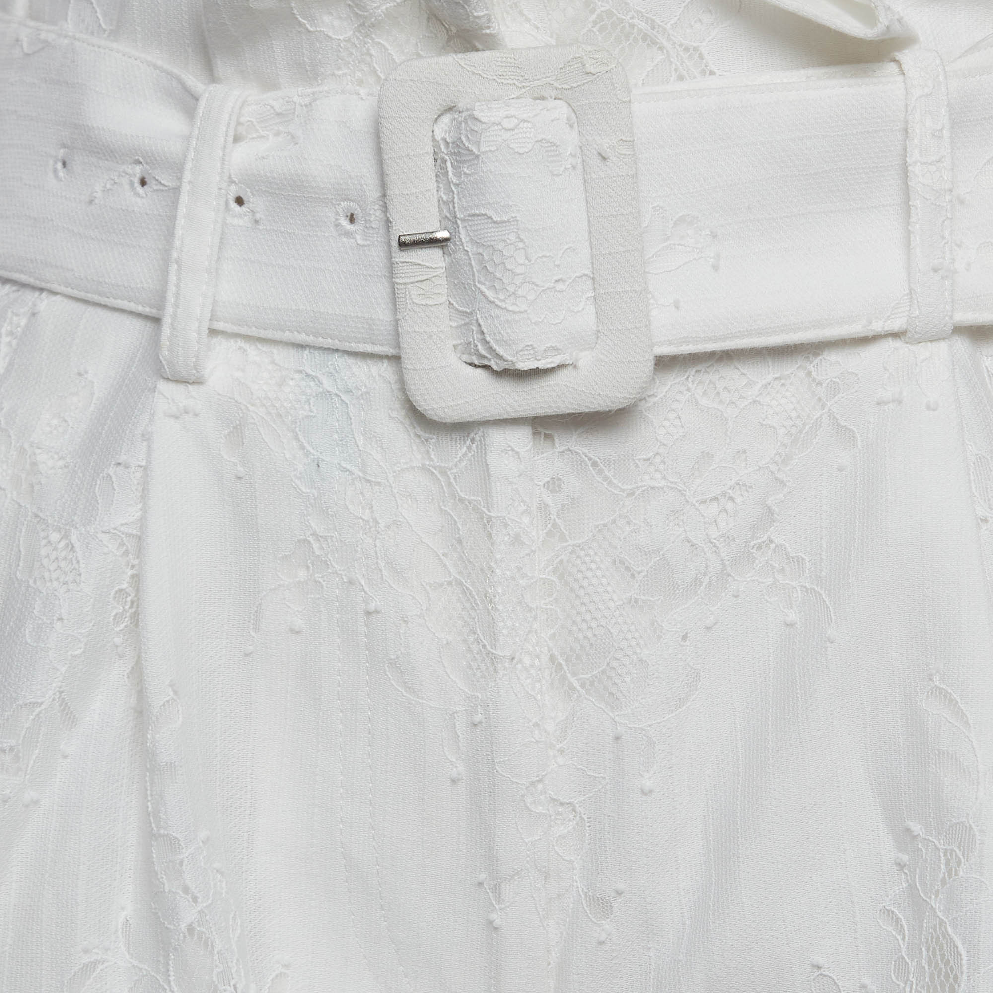 Self-Portrait White Embroidered Cotton Belted Shorts S