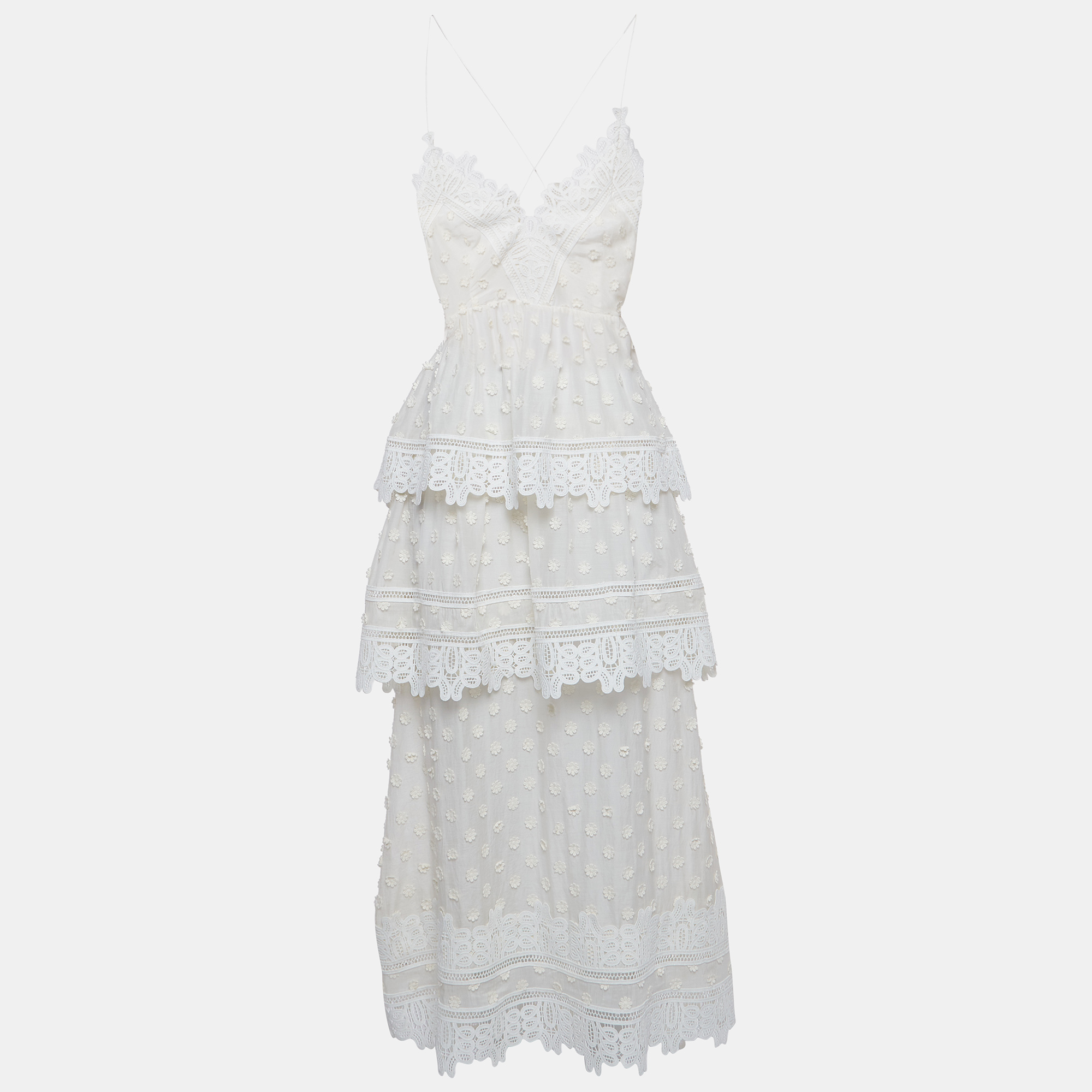 Self-portrait white ivy lace trim cotton shoulder strap tiered maxi dress m