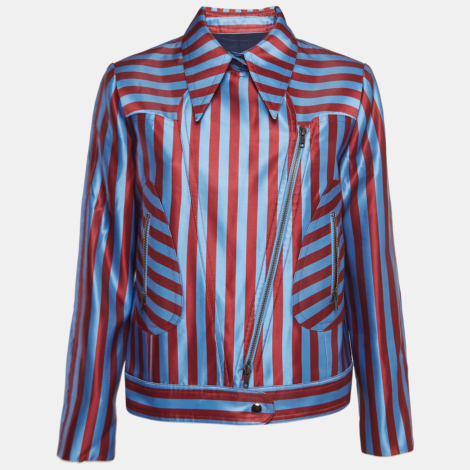 Self-portrait blue/red candy stripe satin zipper jacket s