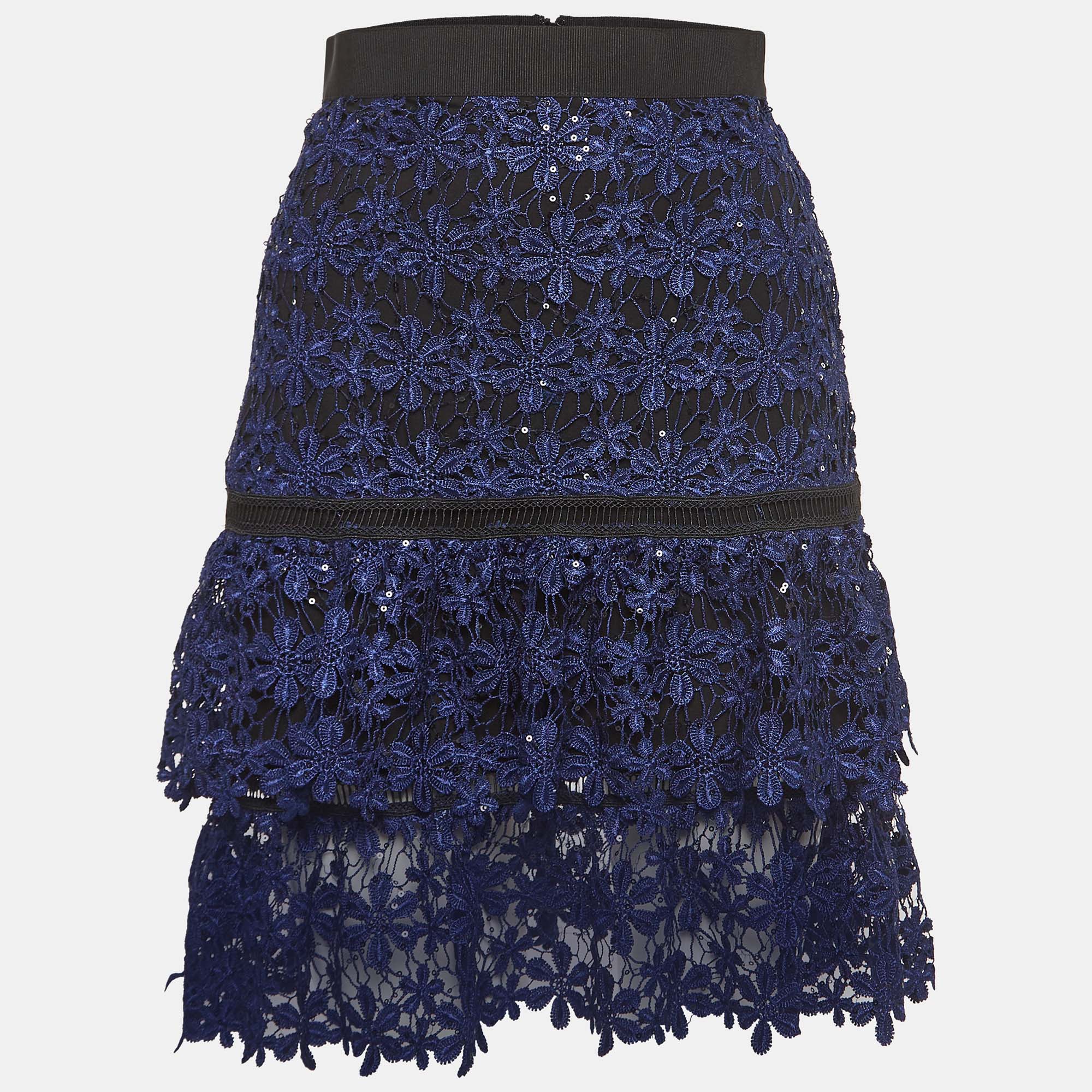 Self-portrait blue floral guipure lace sequin embellished tiered skirt s