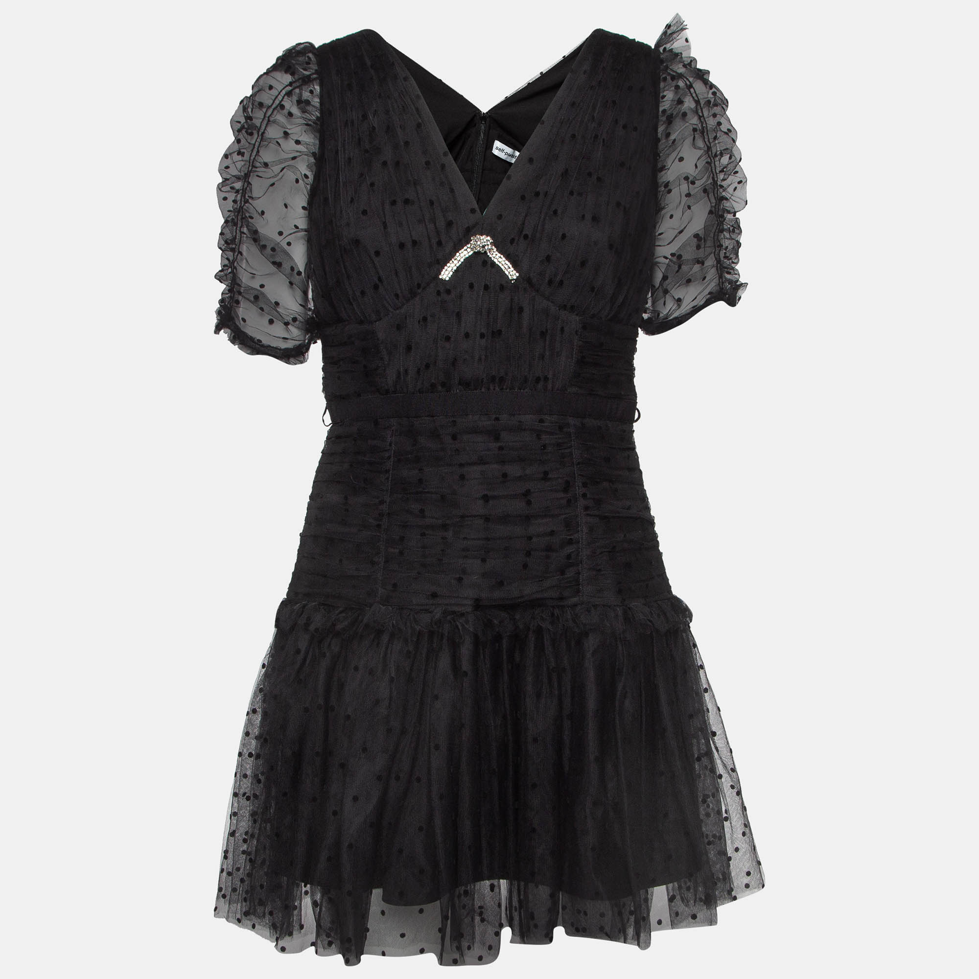 Self-portrait black flocked tulle crystal embellished tiered mini dress m
