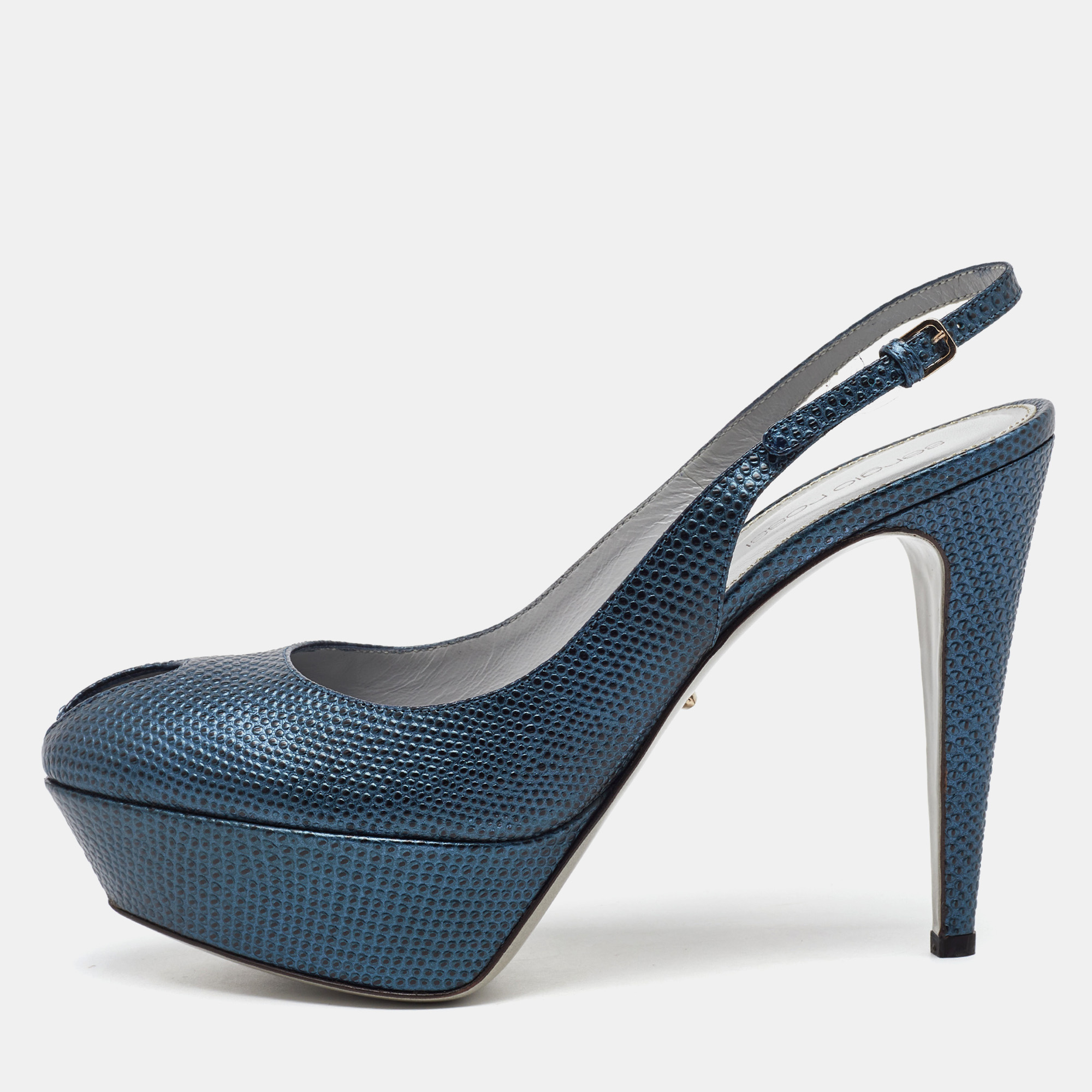 Sergio Rossi Blue Iguana Embossed Leather Platform Slingback Pumps Size 39.5