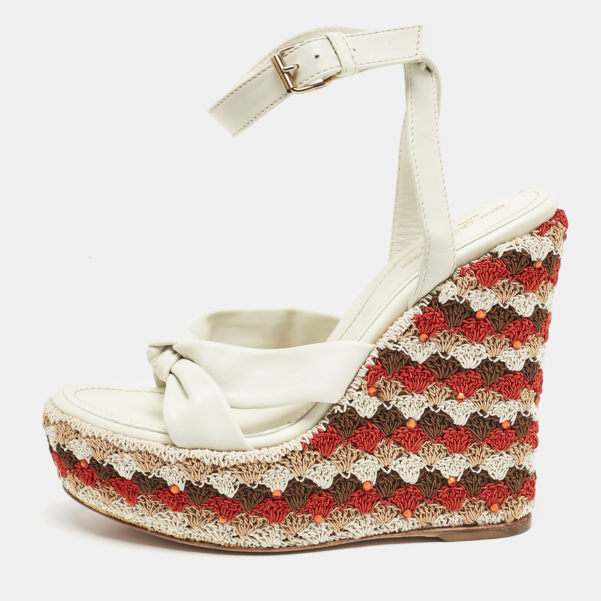 Sergio Rossi Cream Leather And Fabric Platform Wedge Knotted Ankle Strap Sandals Size, White
Sergio Rossi Cream Leather And Fabric Platform Wedge Knotted Ankle Strap Sandals Size, White