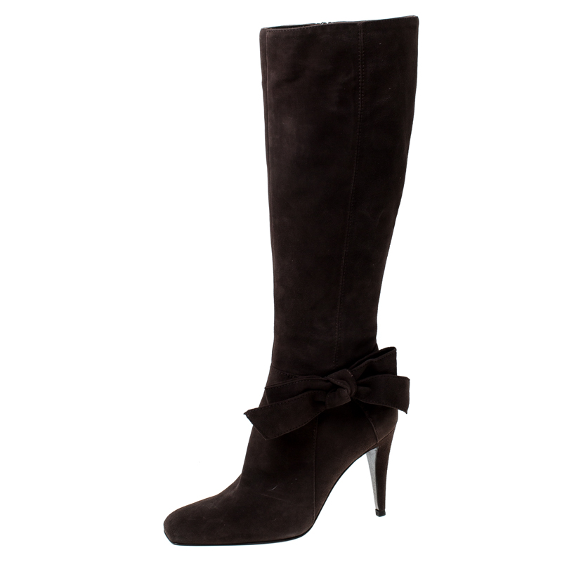 Image of Sergio Rossi Dark Brown Suede Bow Knee High Boots Size .
