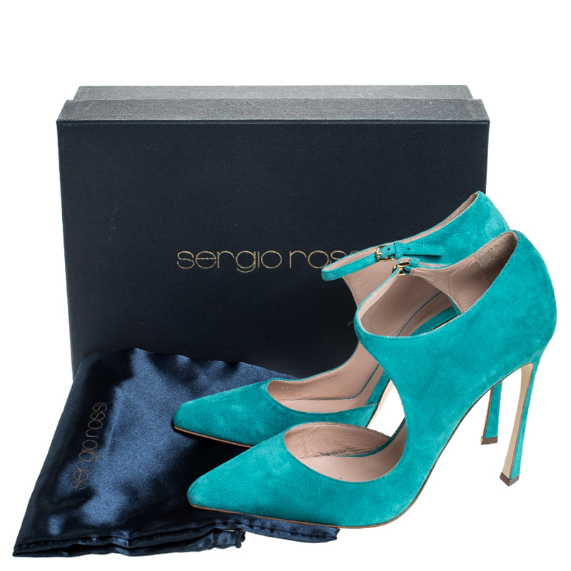Sergio Rossi Aqua Blue Suede Mary Jane Ankle Strap Pumps Size 40