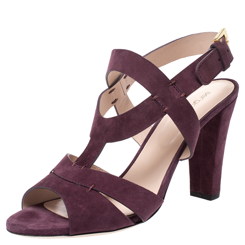 Image of Sergio Rossi Burgundy Suede Ankle Strap Sandals Size