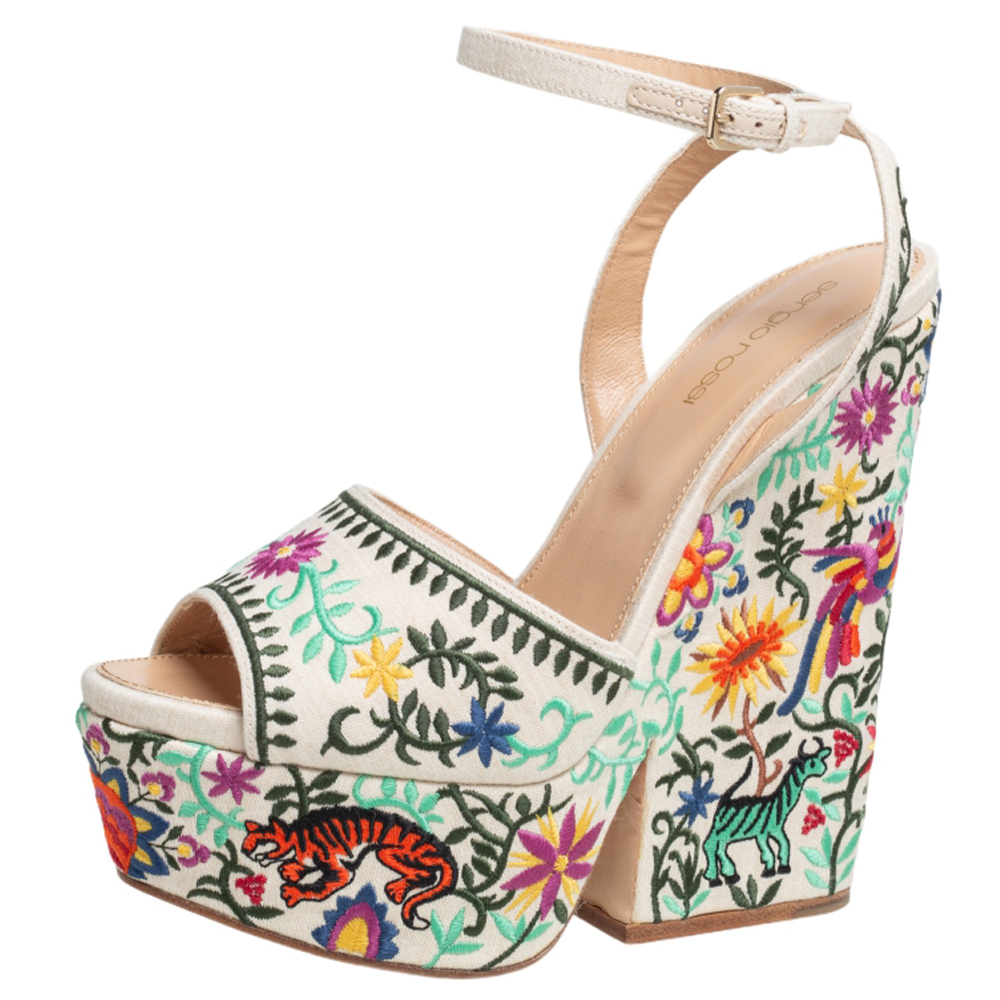 Sergio Rossi Beige Cotton Floral Embroidered Platform Ankle Wrap Sandals Size 39.5