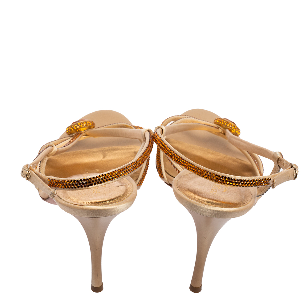 Sergio Rossi Gold Crystals Embellished Satin Slingback Sandals Size 41