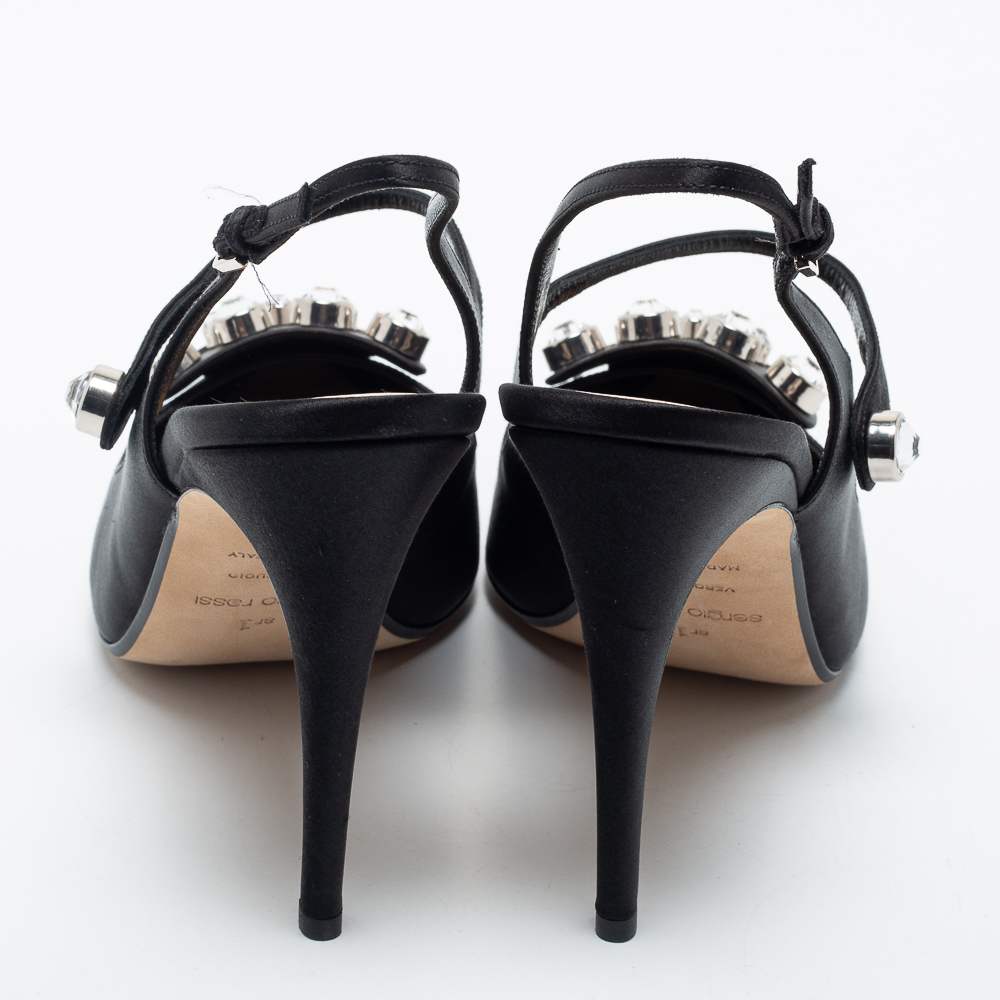 Sergio Rossi Black Satin Embellished Slingback Sandals Size 40