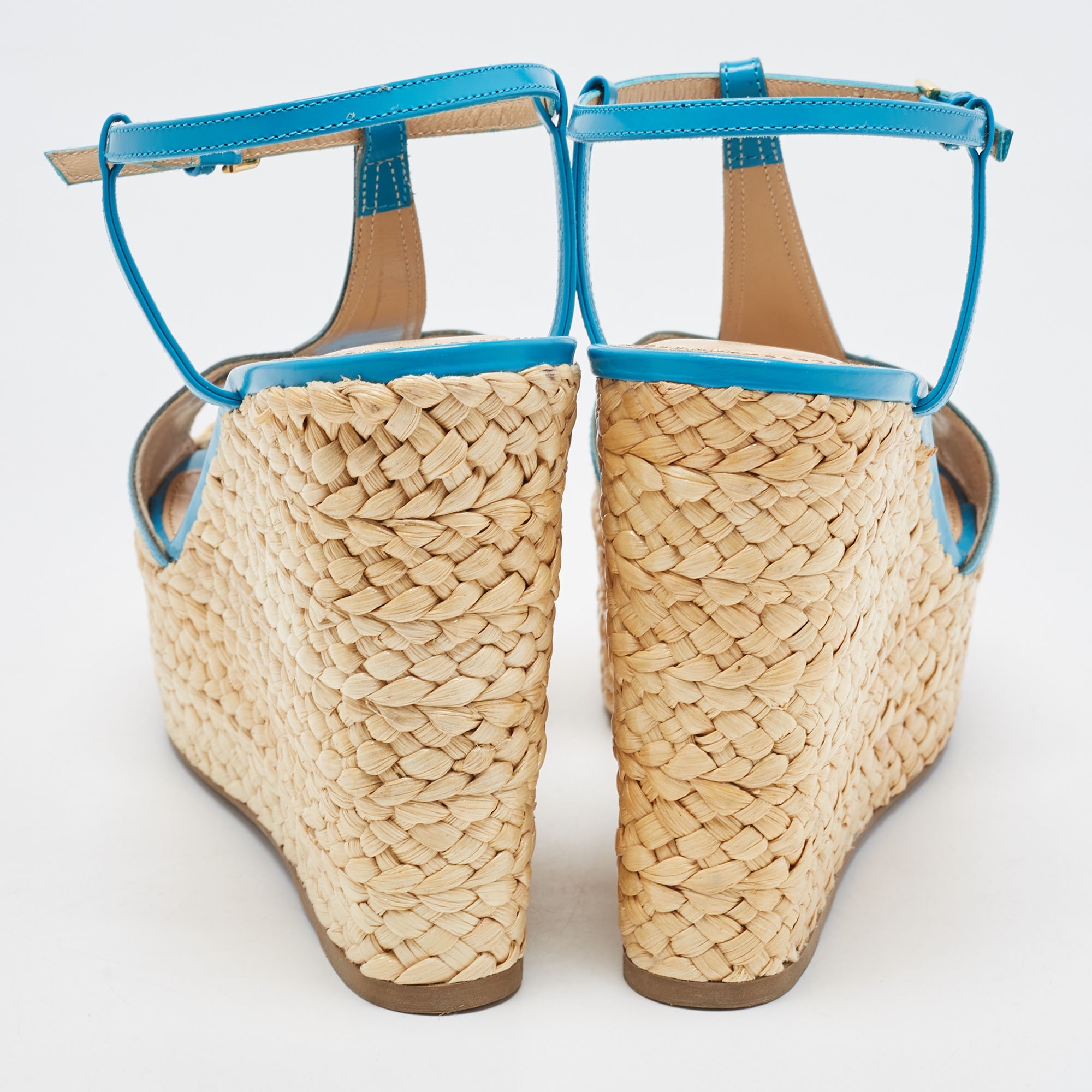 Sergio Rossi Blue/Beige Leather And Raffia Ankle Strap Espadrille Wedge Sandals Size 39.5
