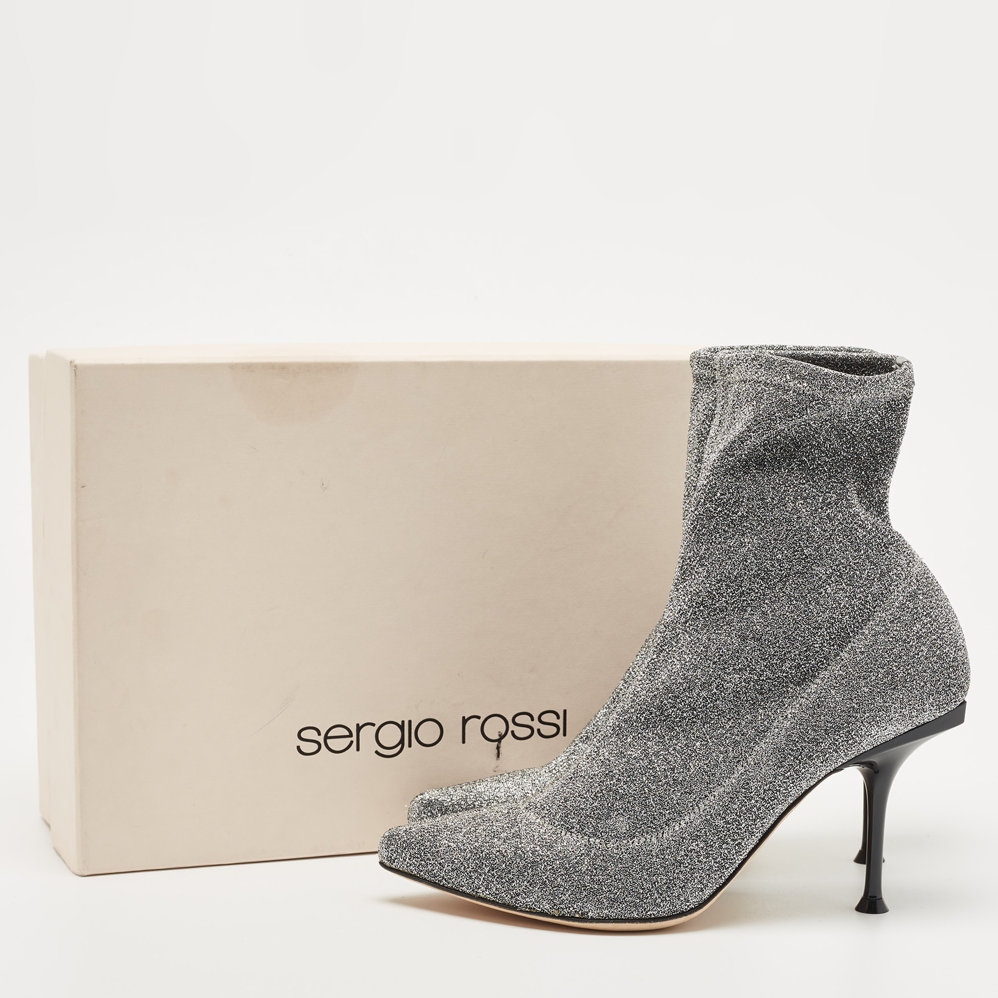 Sergio Rossi Metallic Silver Knit Fabric Pointed Toe Ankle Boots Size 36