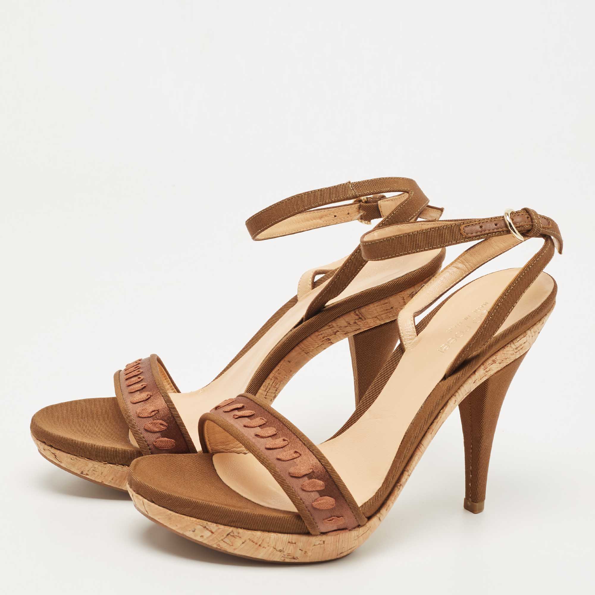 Sergio Rossi Brown Canvas Ankle Strap Sandals Size 37.5