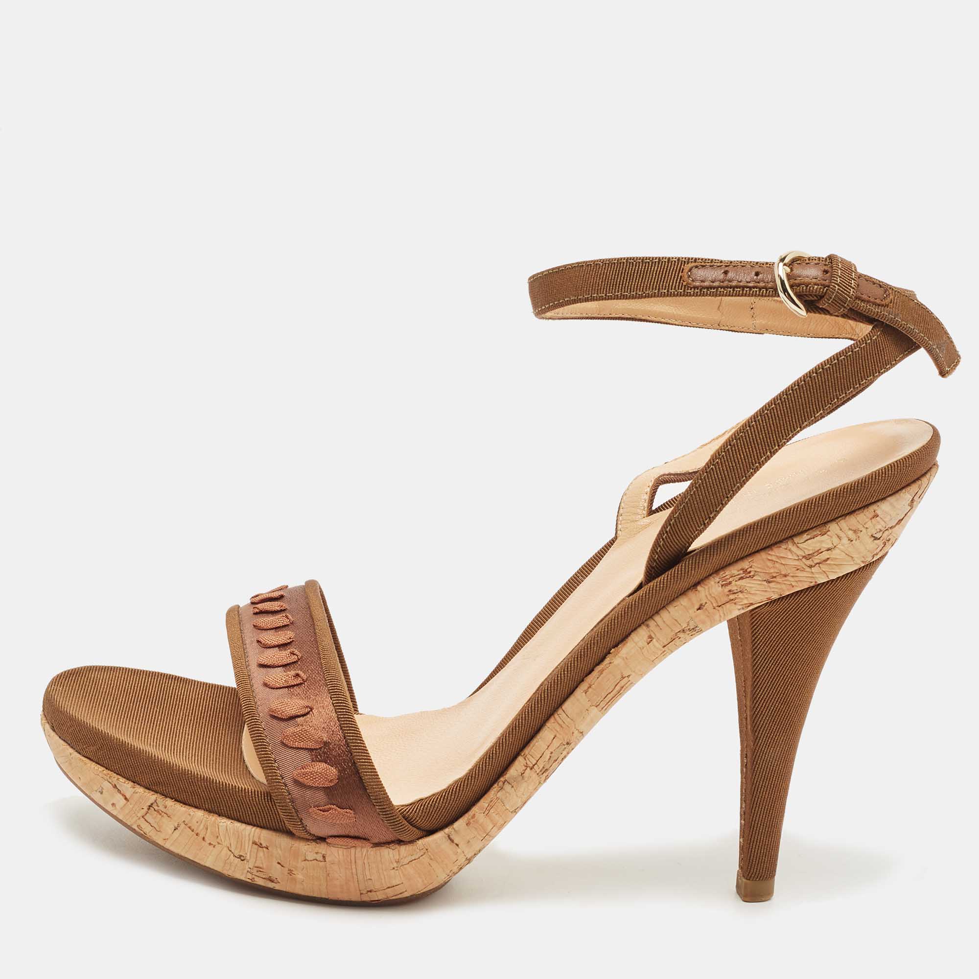 Sergio rossi brown canvas ankle strap sandals size 37.5