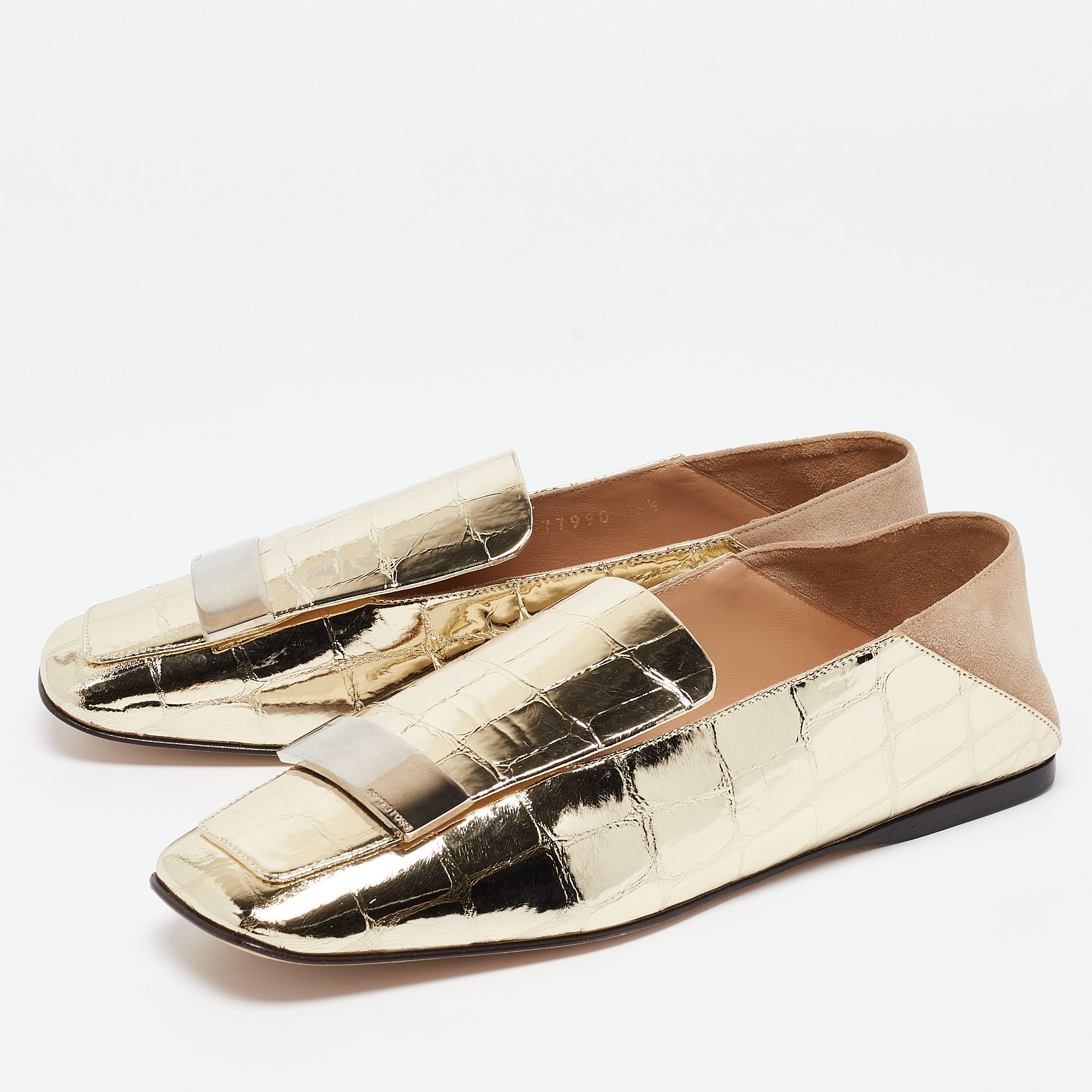 Sergio Rossi Gold/Beige Croc Embossed Patent Leather And Suede SR1 Collapsible Loafers Size 36.5